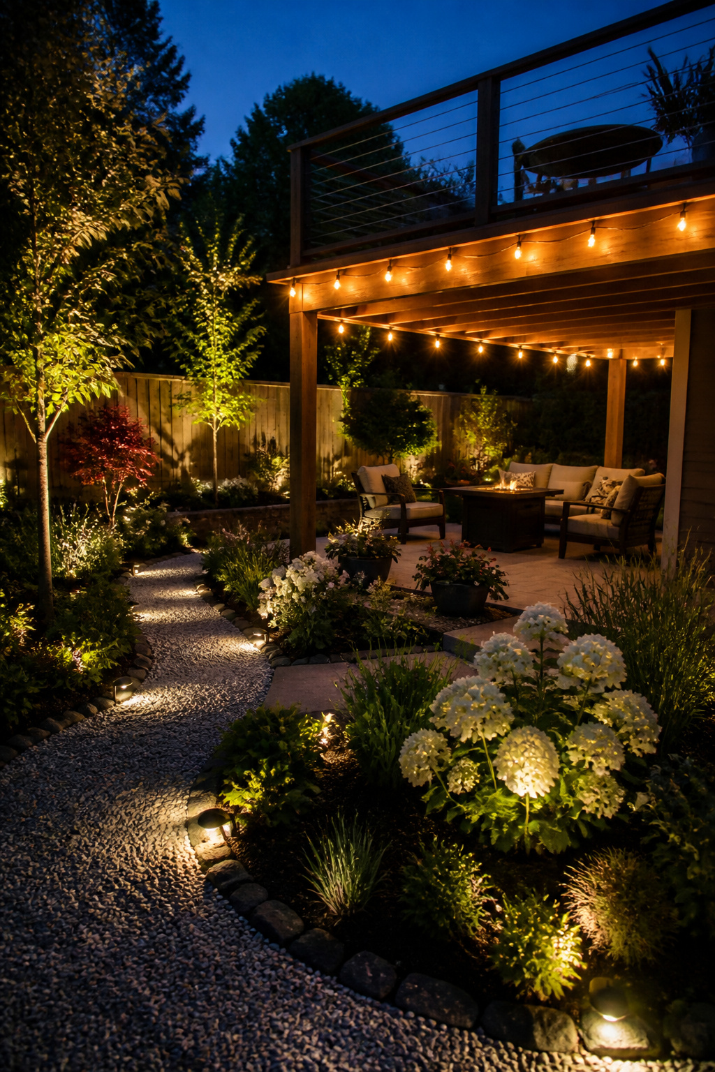 Soft landscape lighting highlighting flower beds and seating.