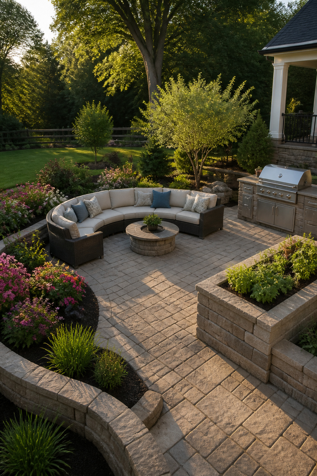 A patio area with furniture and decorative elements.