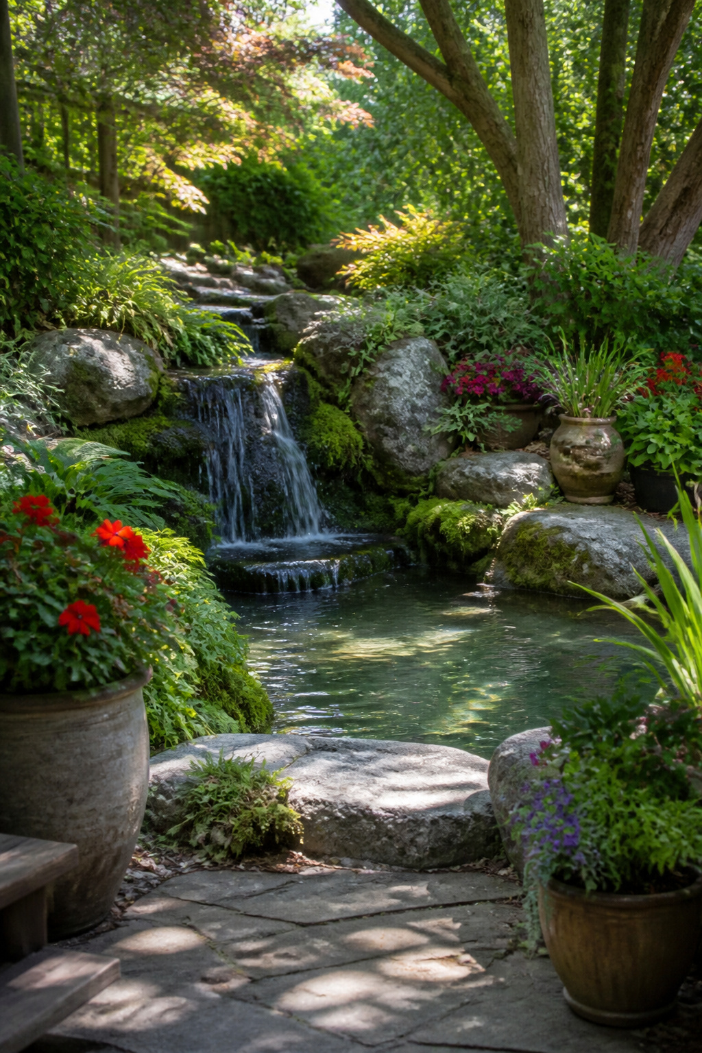 A water feature with flowing water and surrounding plants.