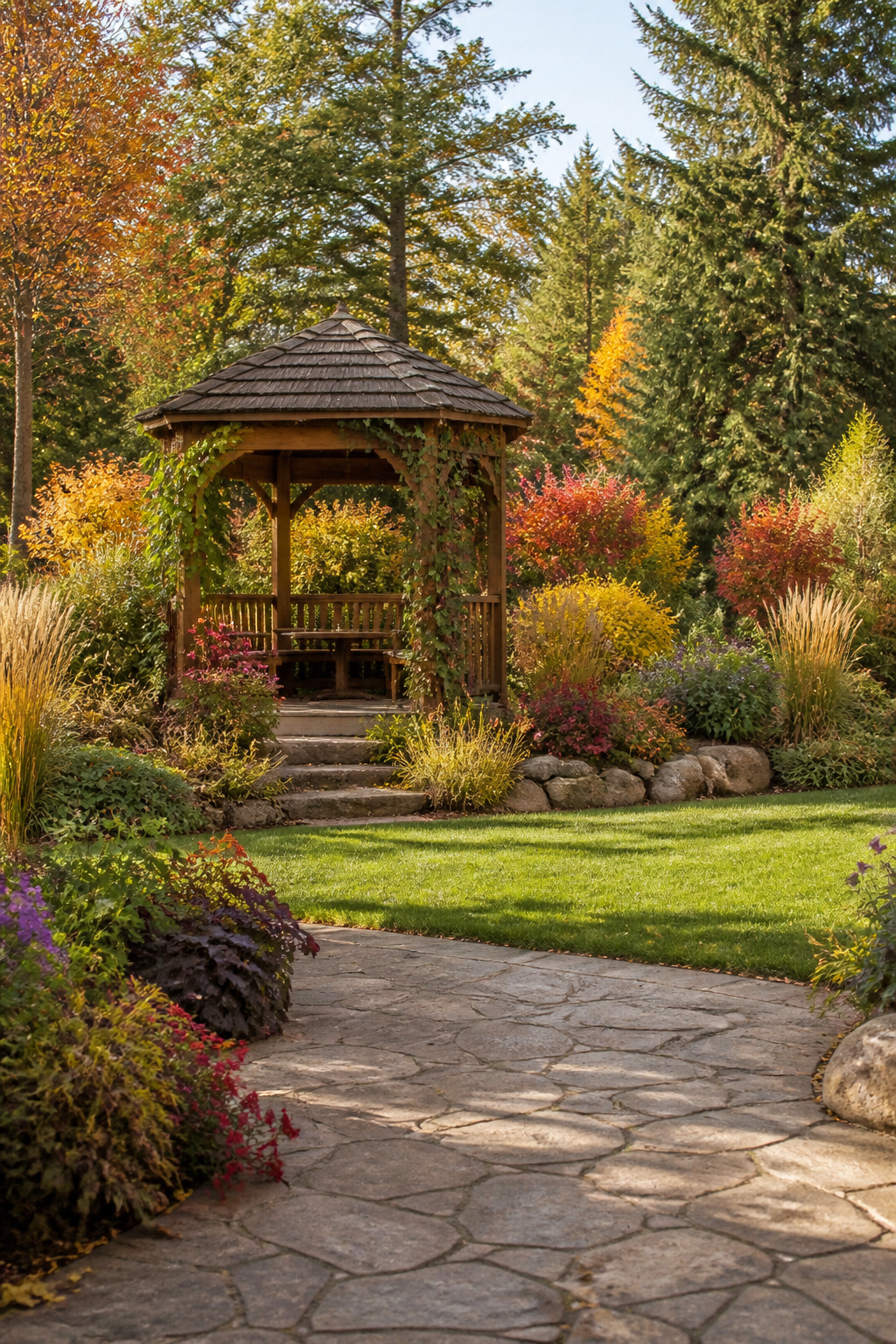 A gazebo with a roof and seating inside.