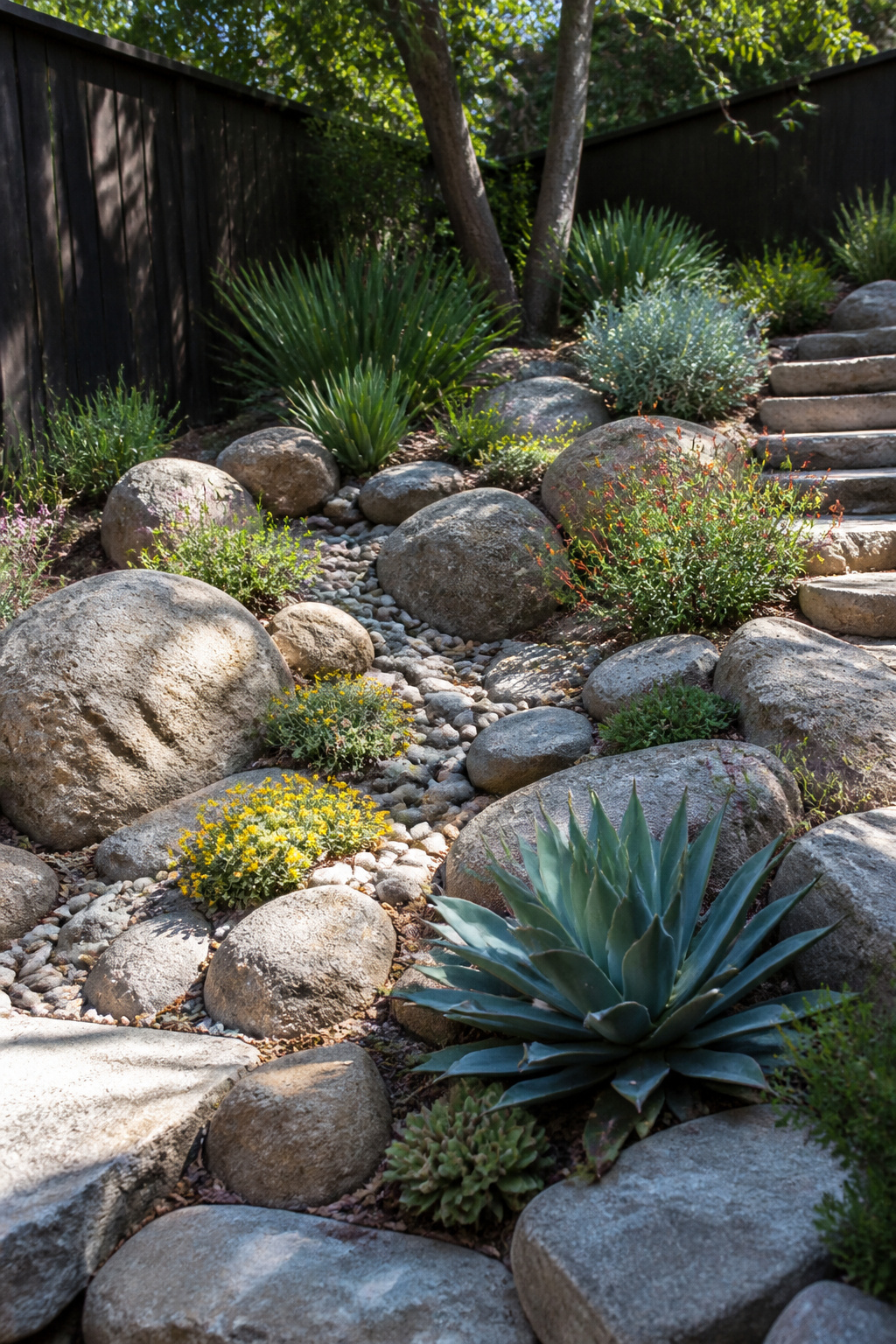 A rock garden with various plants and smooth boulders.