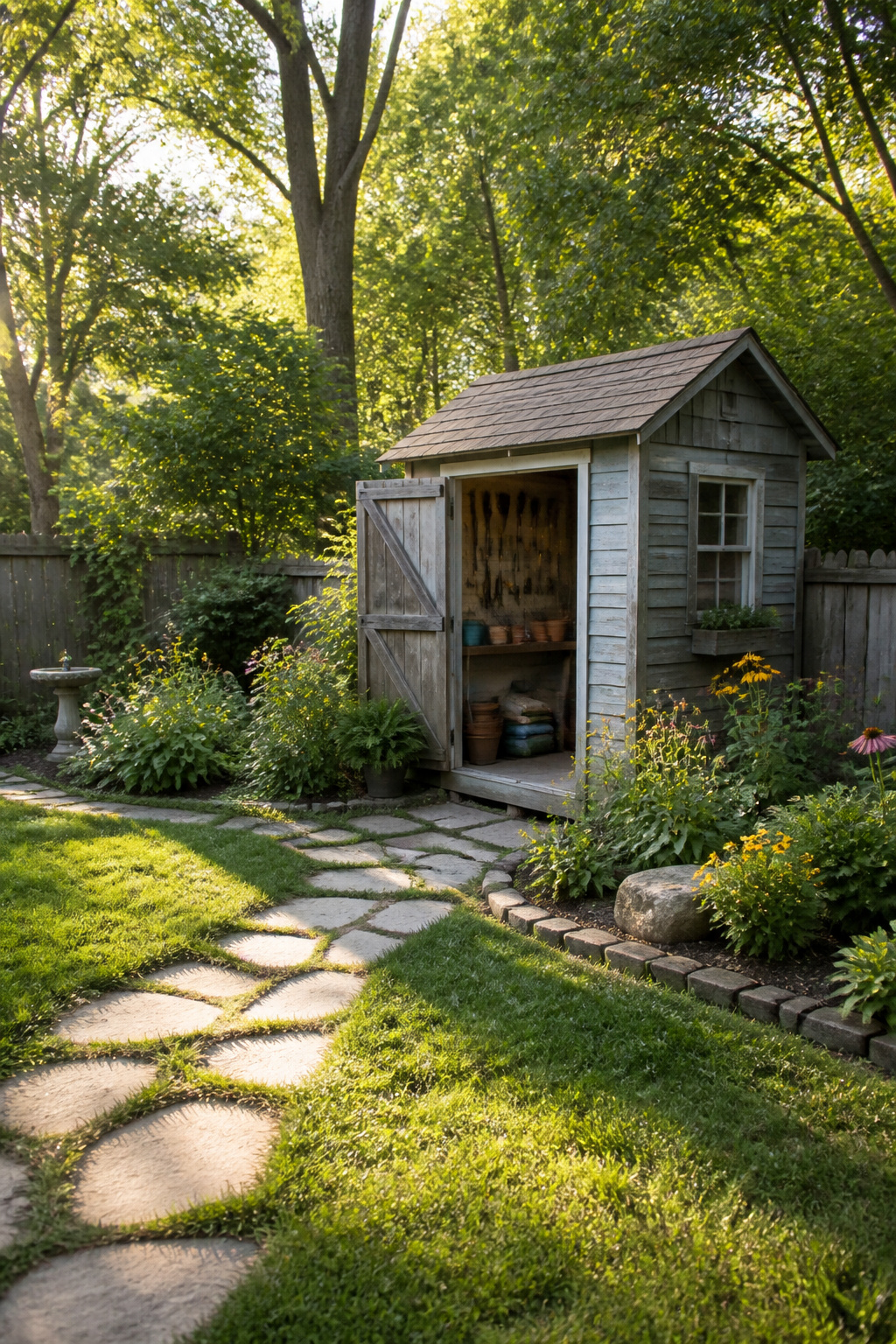 A tool shed storing gardening tools and equipment.