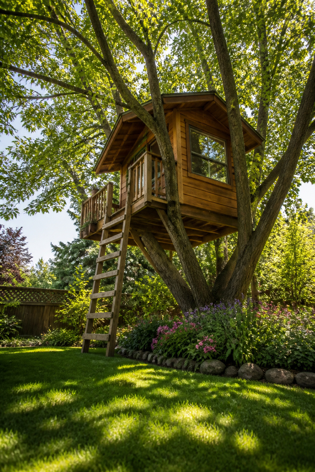 A treehouse built in a tree with a secure platform.