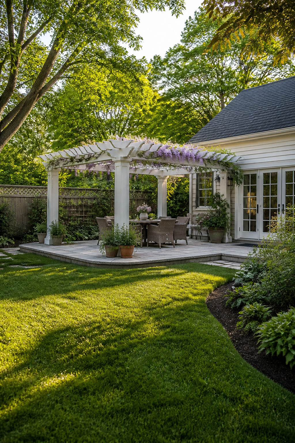 A wooden pergola with slatted top and climbing plants.