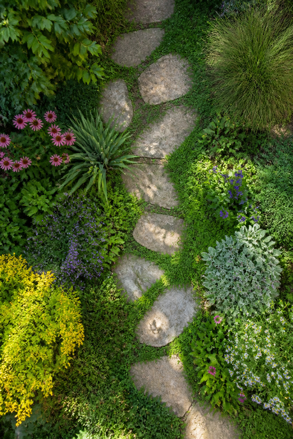 Flat stepping stones forming a path in a yard.