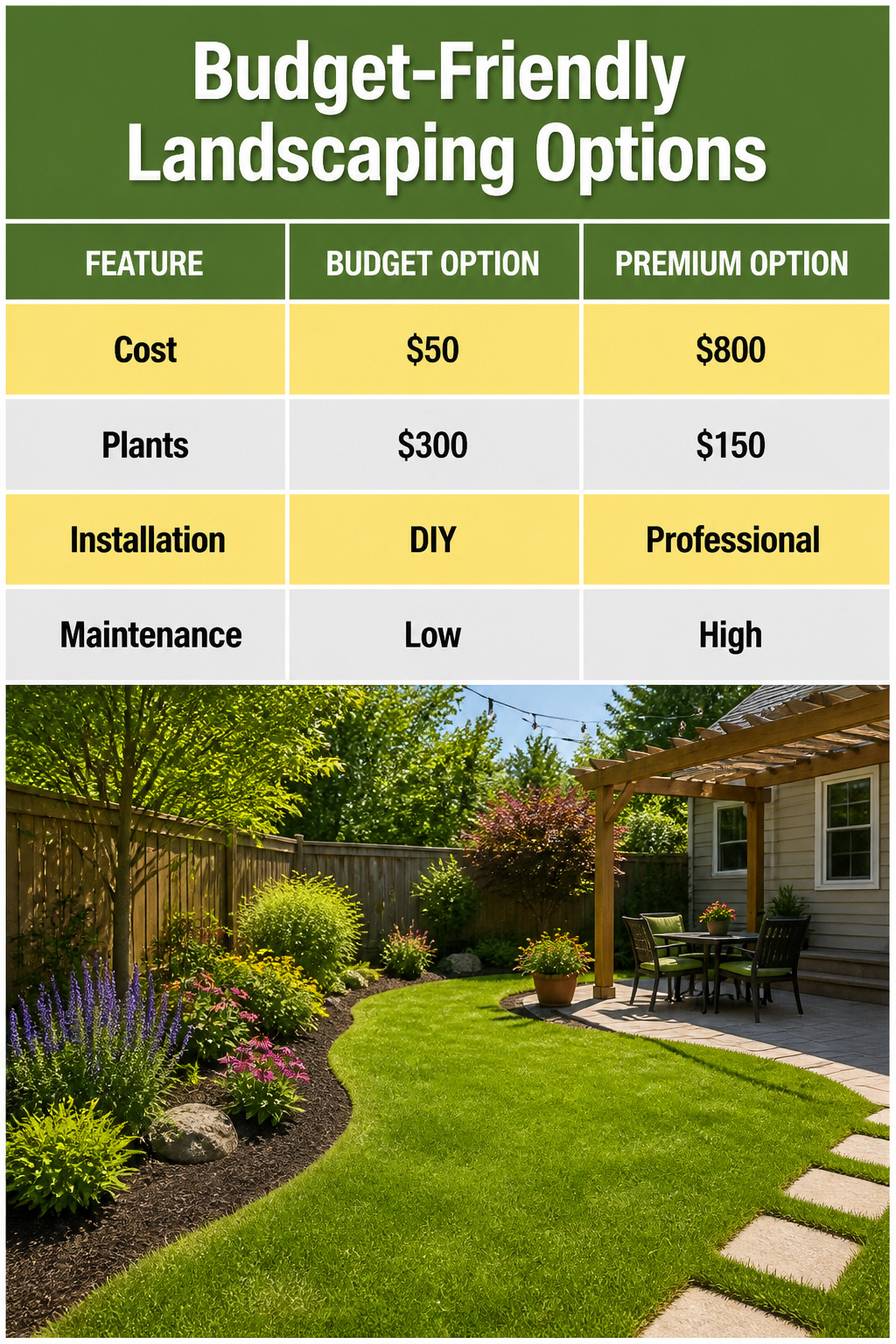 Various budget-friendly landscaping options displayed.