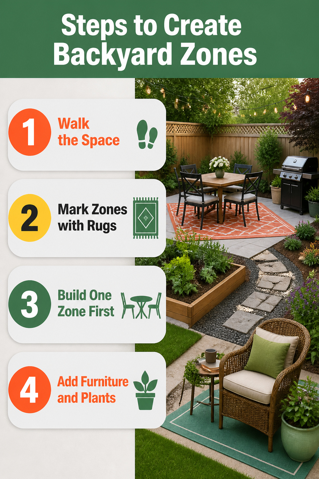 A yard divided into distinct areas for various uses.