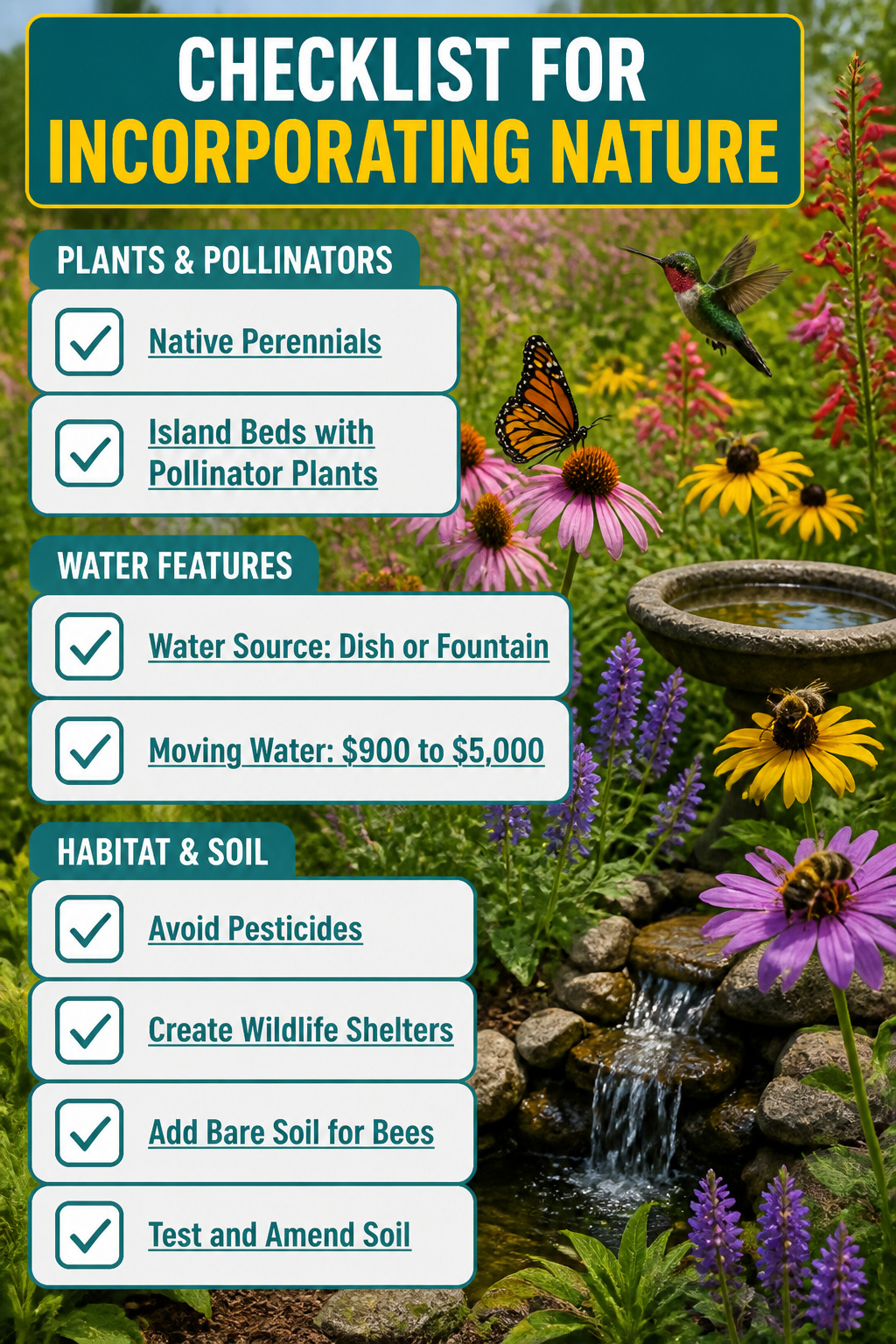 Native plants and water features in a garden.