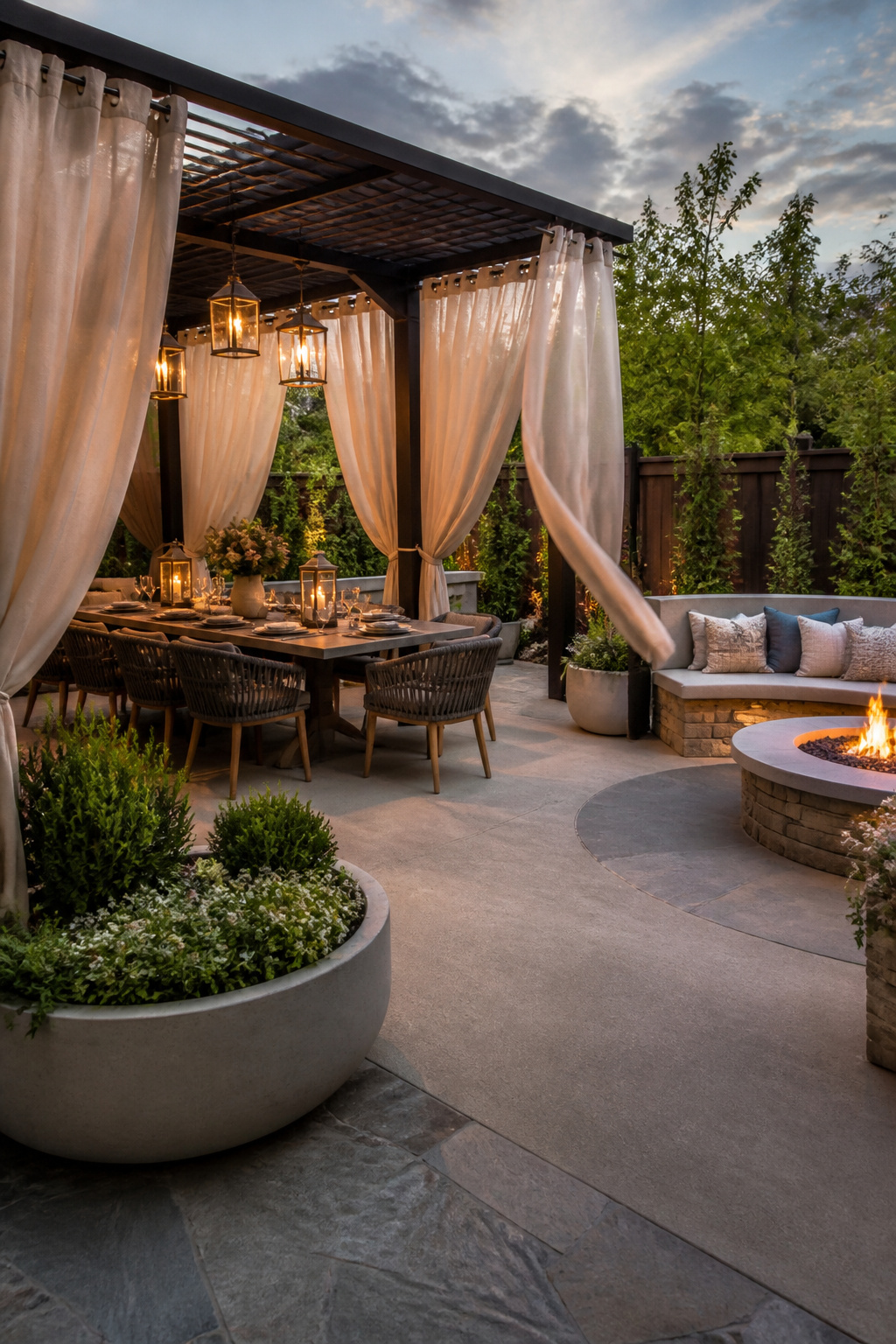 An outdoor area set up for entertaining with a table and decor.