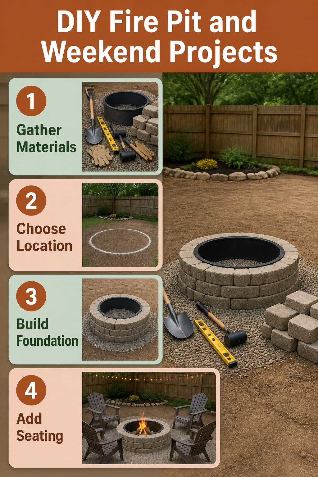 A DIY fire pit project in progress in a backyard.