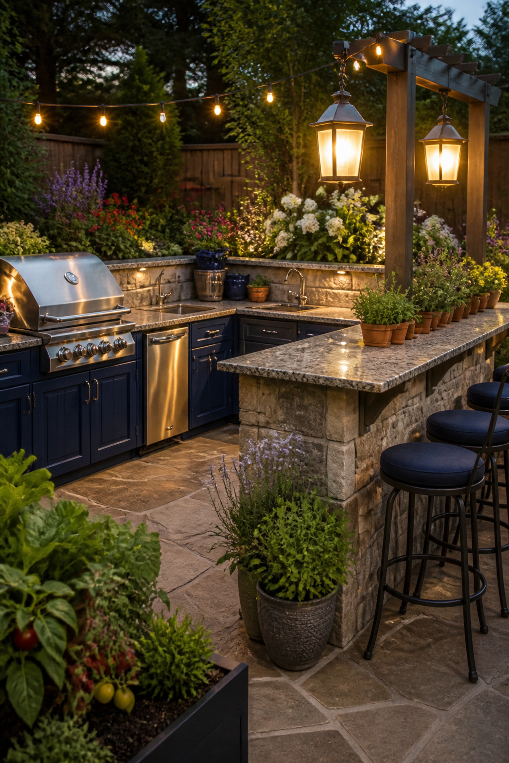 An outdoor kitchen with a stone grill island and countertop.