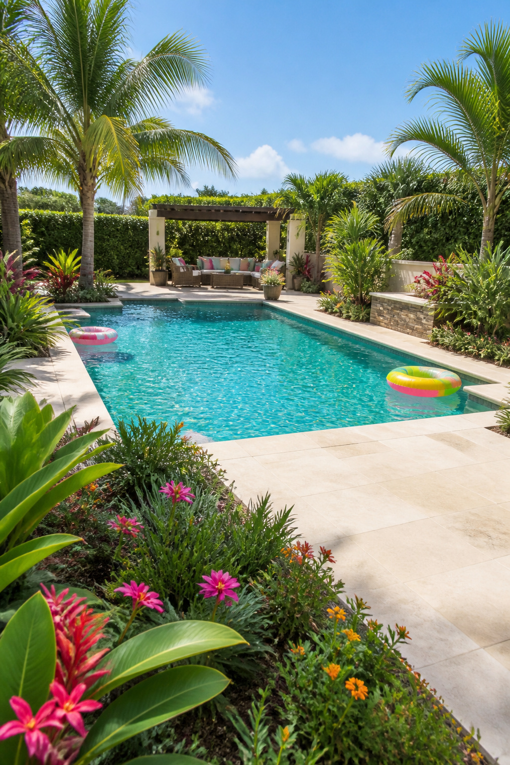 An in-ground swimming pool with tropical plants around it.