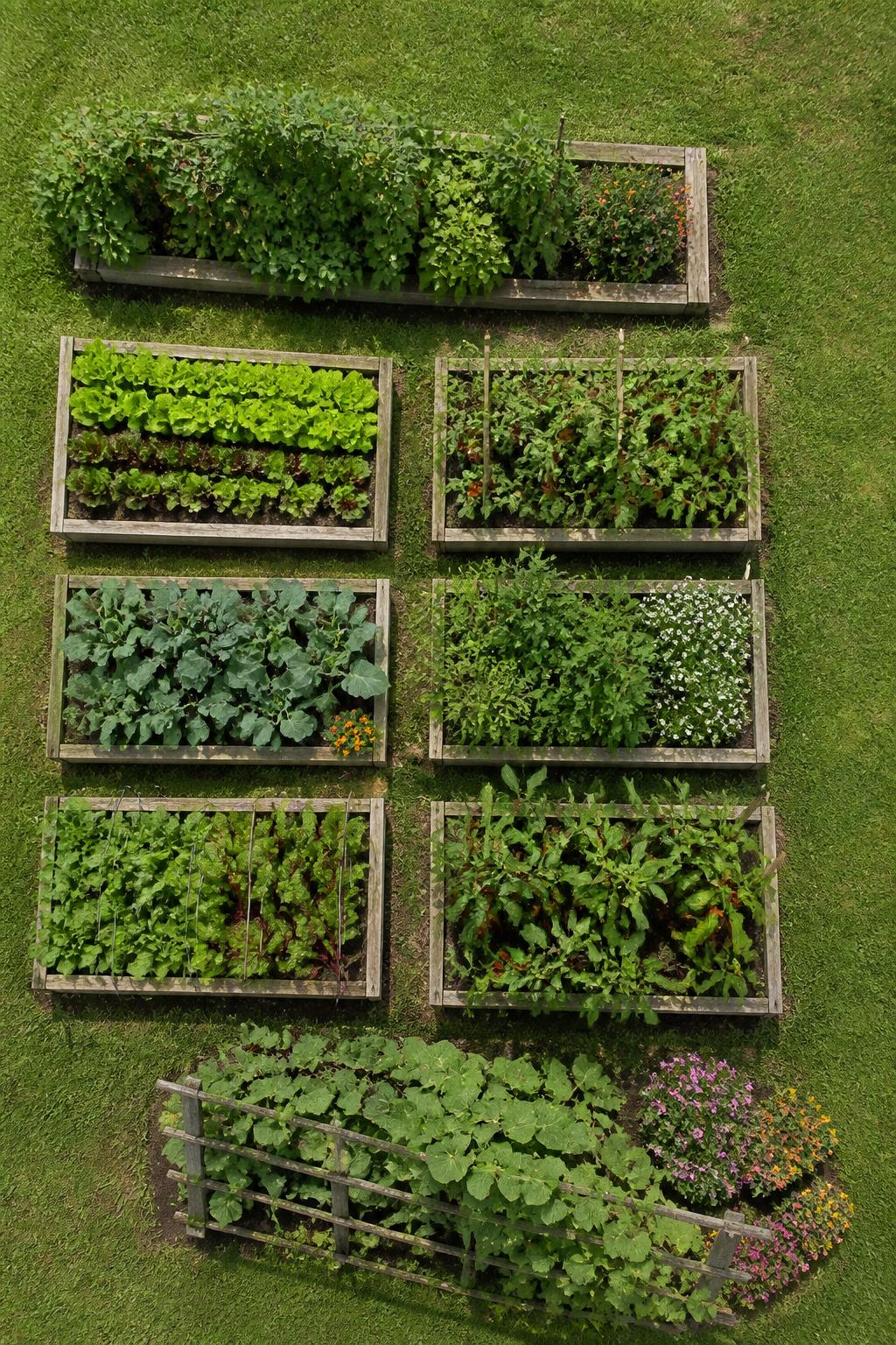 A vegetable garden featuring raised beds with growing plants.