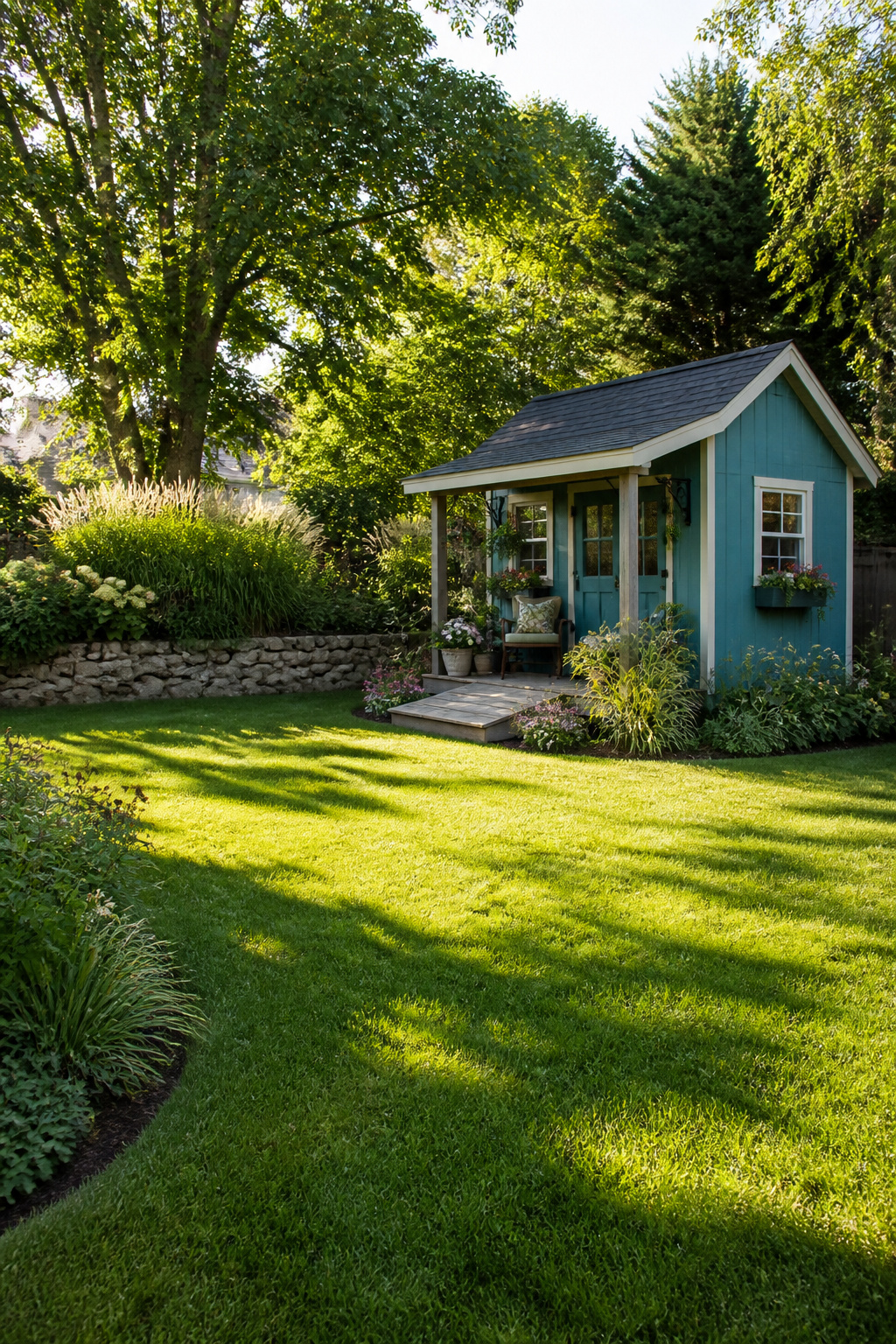 A shed in the backyard with seating and decorative elements.