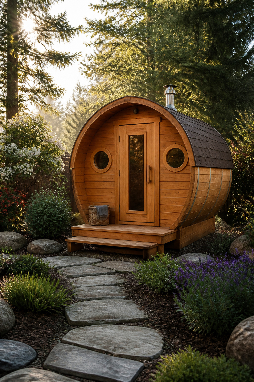 An outdoor sauna structure nestled in a garden.