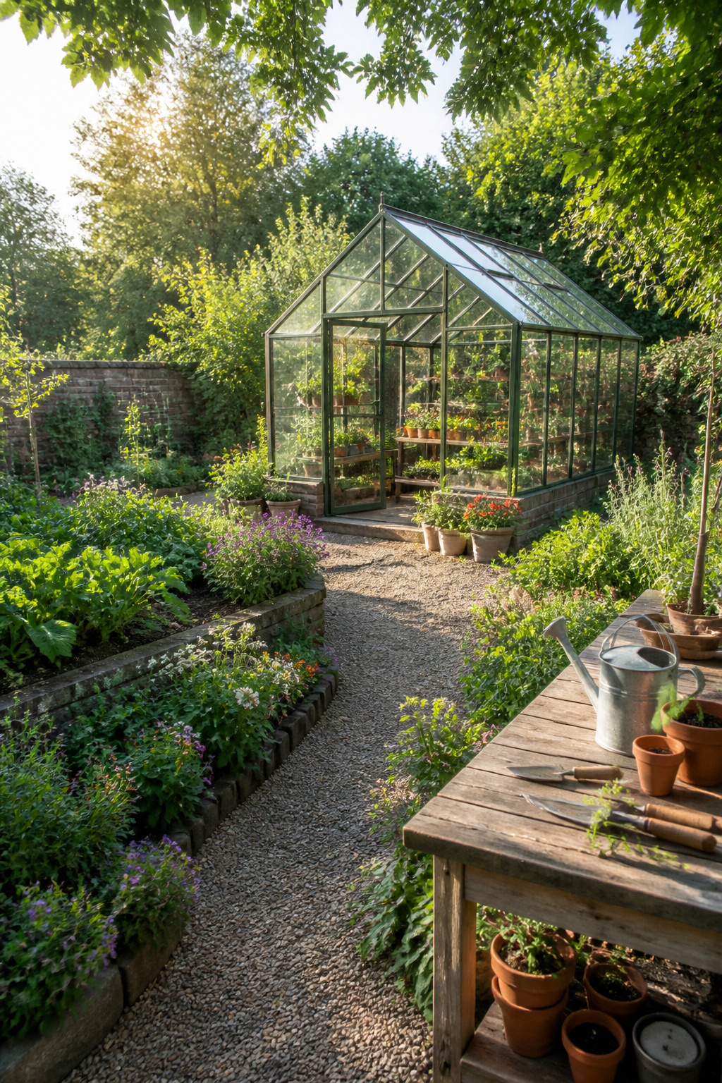A greenhouse with various plants inside.