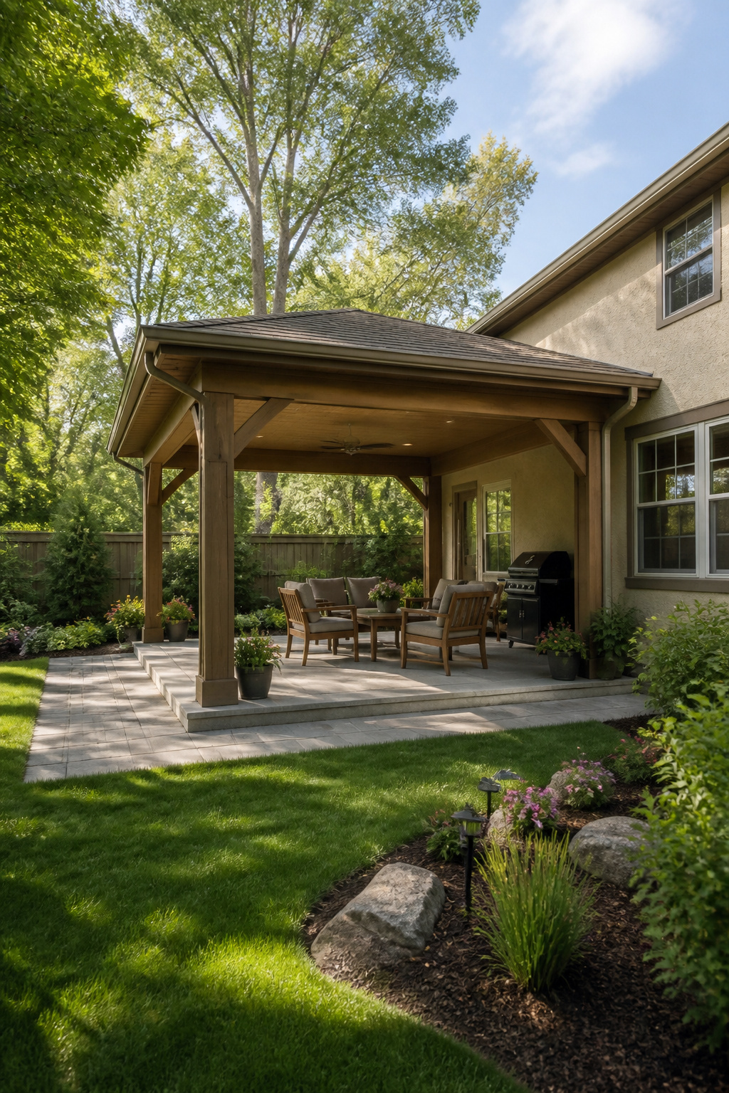 A covered patio with a roof, chairs, and a grill.