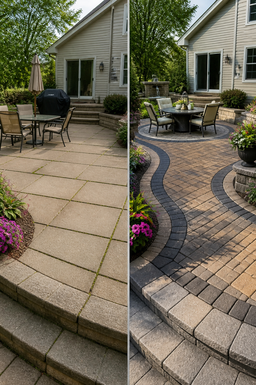 A patio with stamped concrete resembling stone patterns.