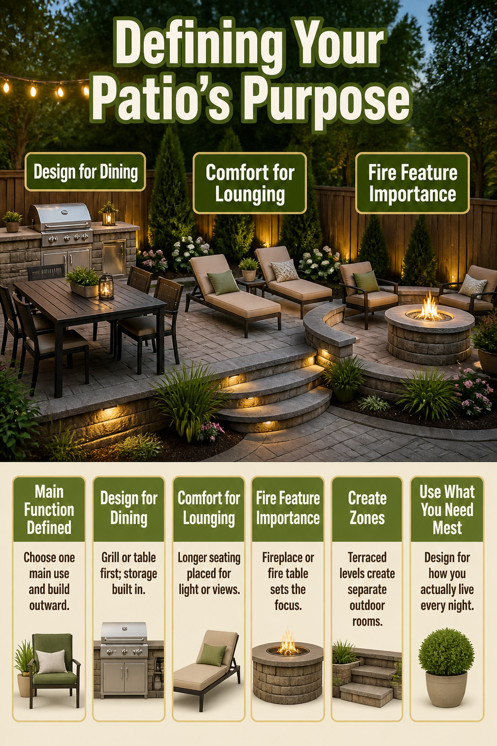 A diagram illustrating different patio functions and layouts.
