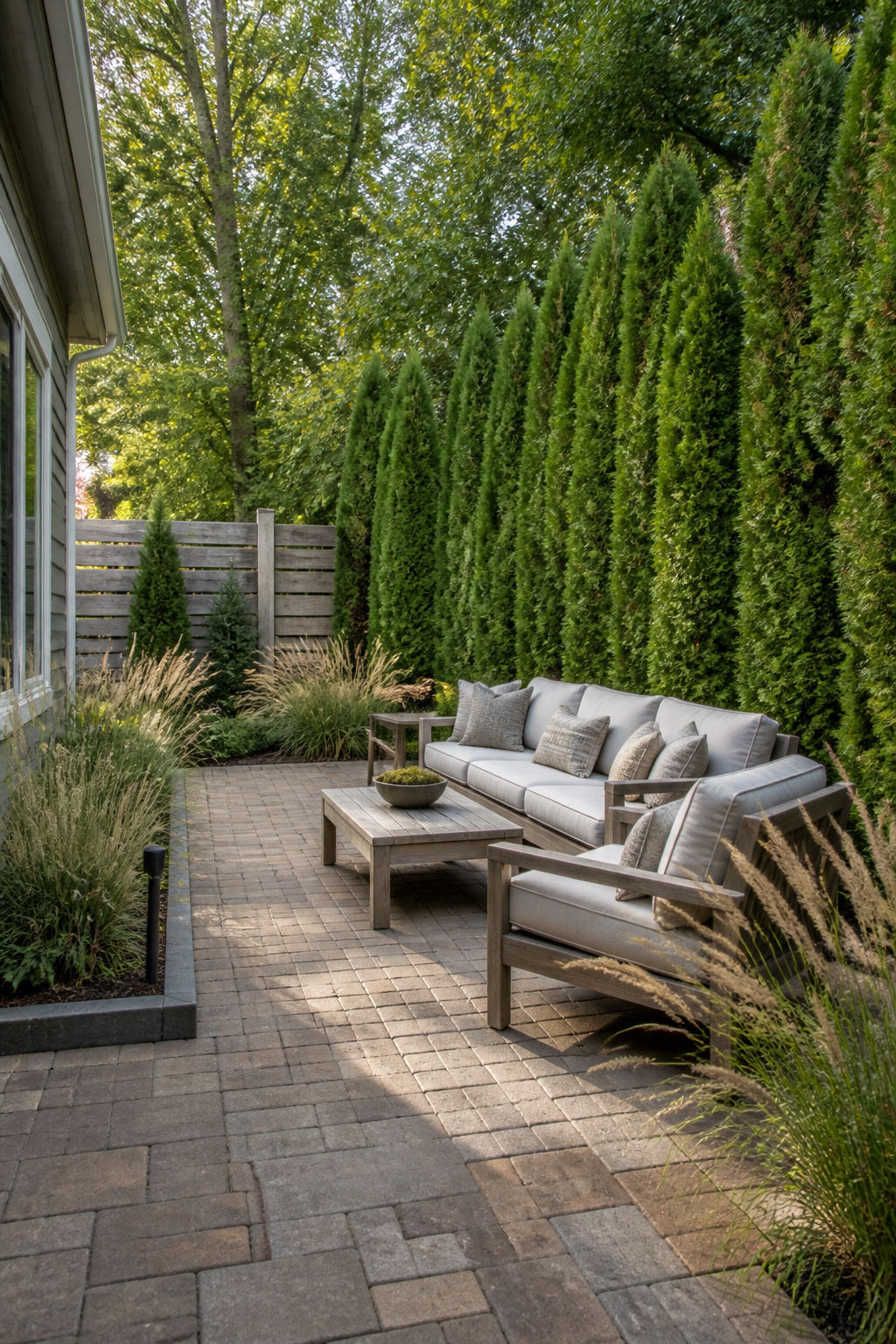 A row of arborvitae planted along a fence line.