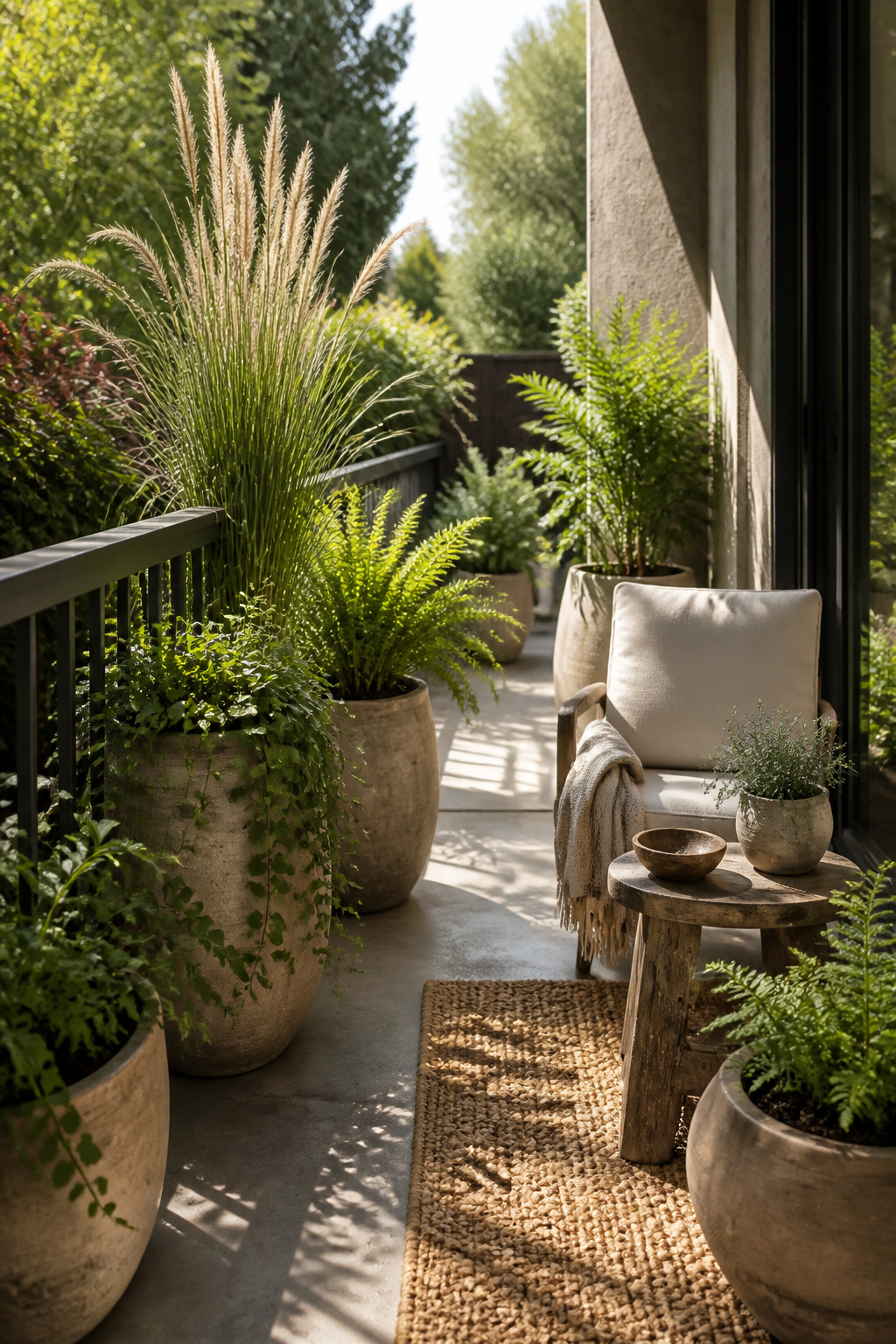 A compact patio with various plants in containers along a railing.