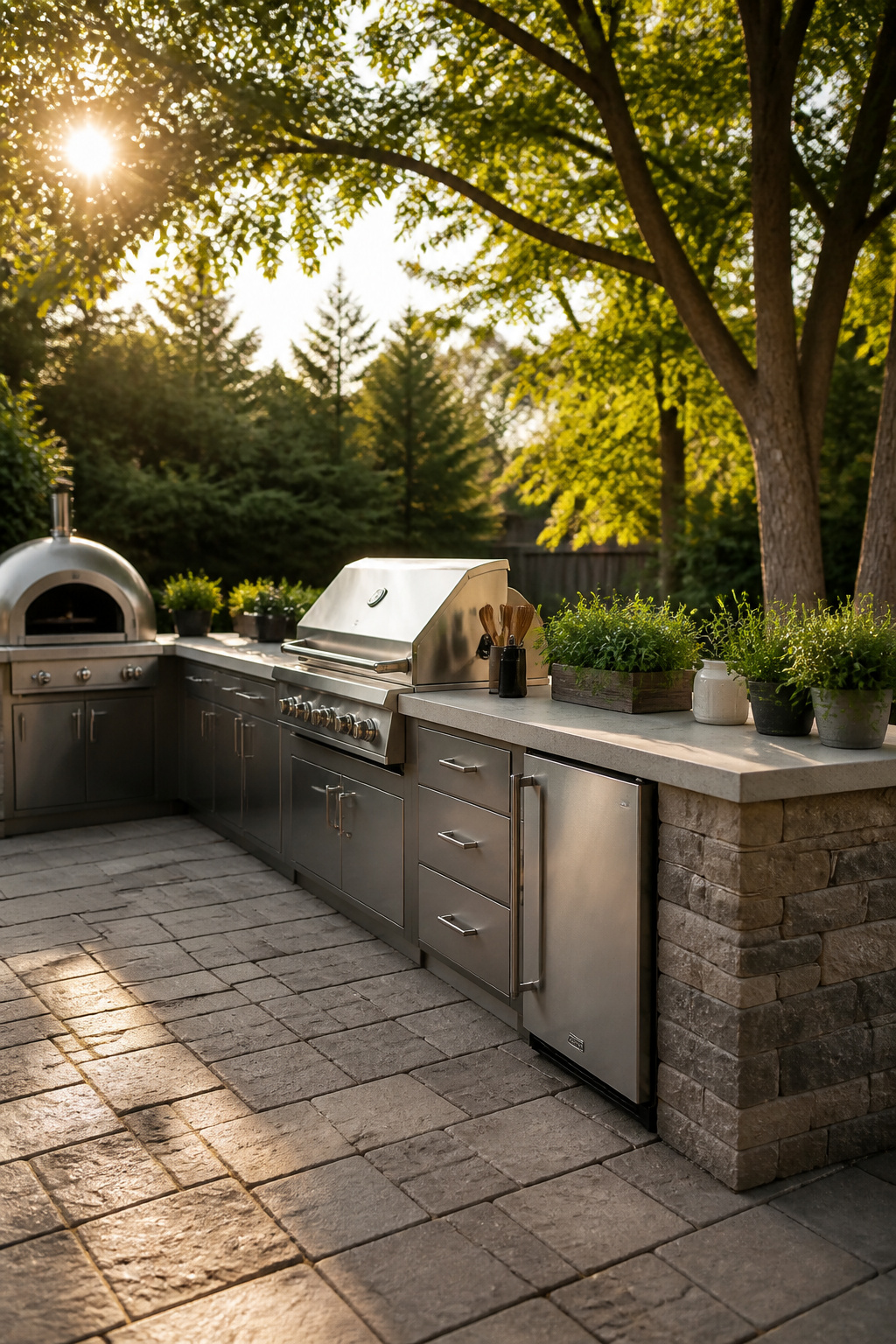 An outdoor kitchen featuring a grill, countertops, and paver tiles.