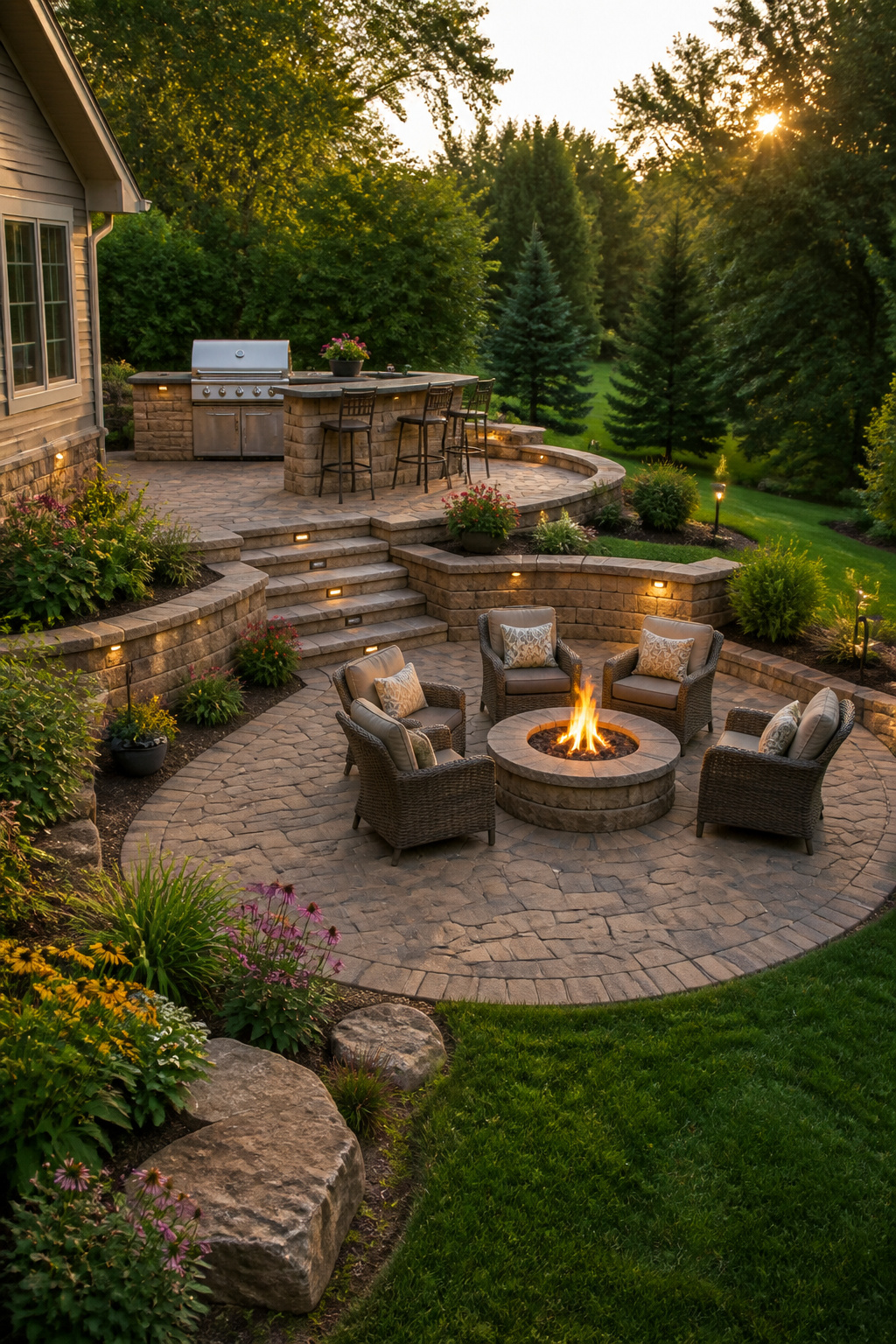 A multi-level patio with steps leading to different areas.