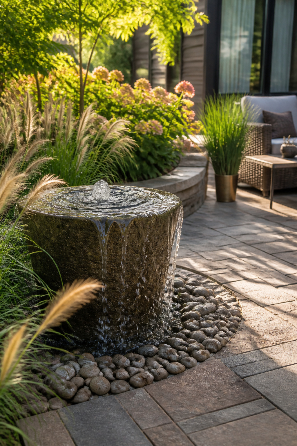 A stone fountain with water flowing, surrounded by ornamental grasses.