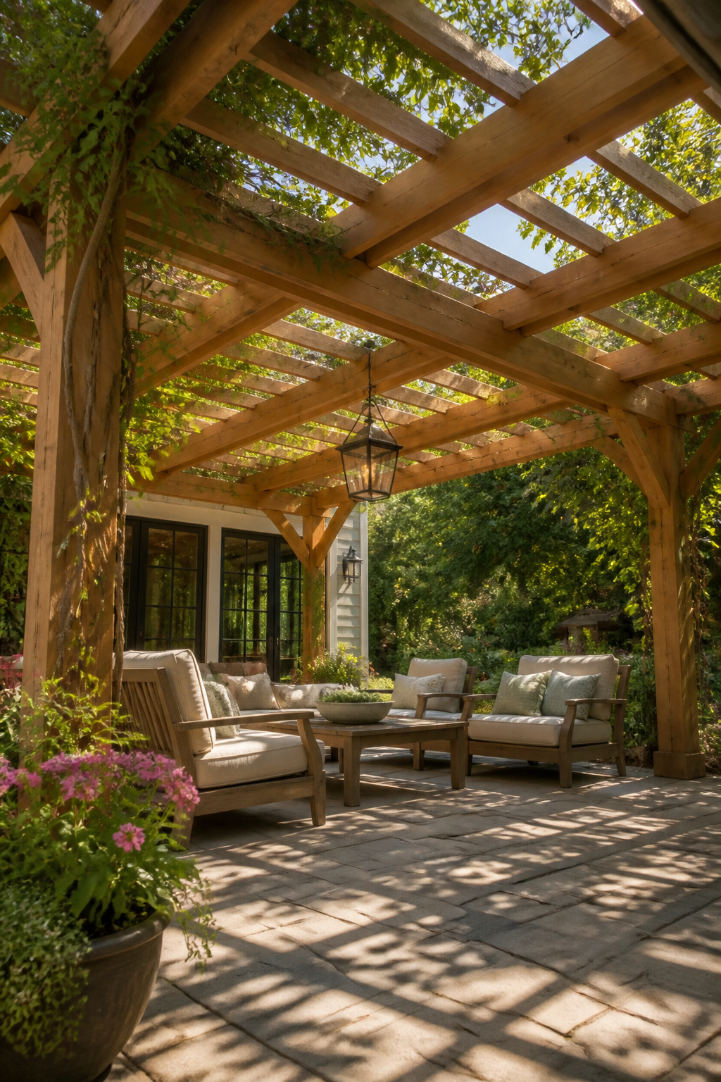 A wooden pergola over a patio with climbing plants.