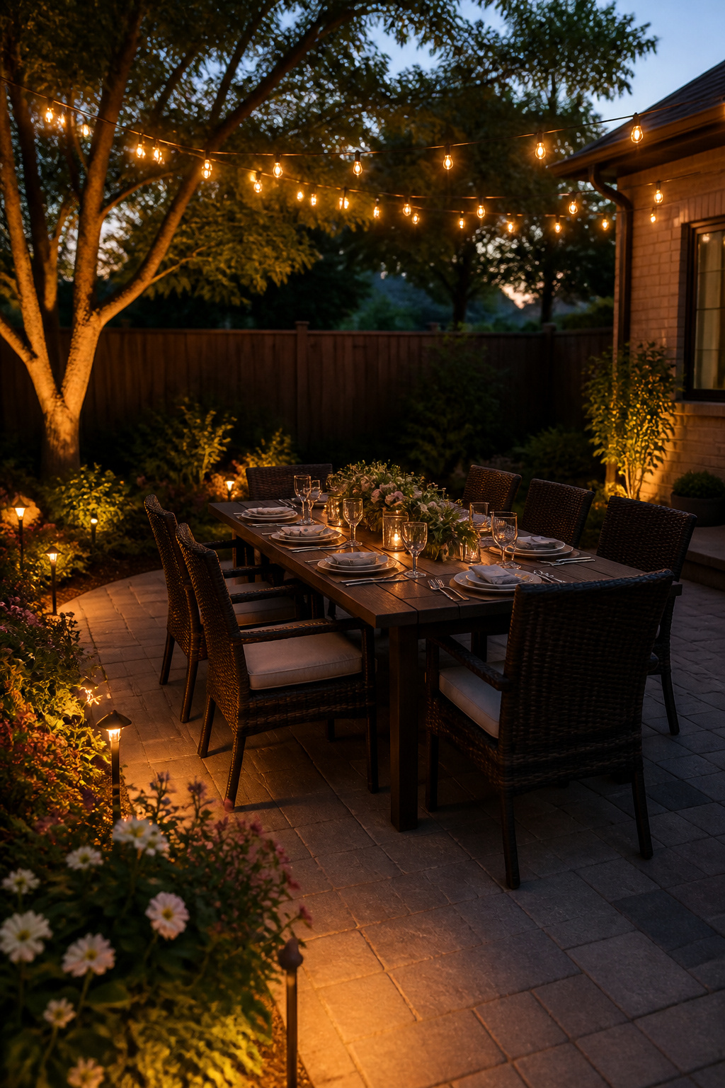 String lights overhead illuminating a dining setup on a patio.