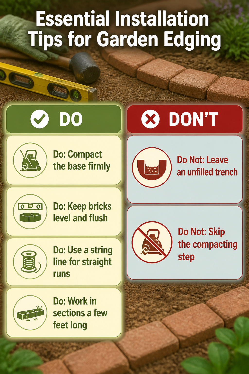 A list of installation tips for garden brick edging.