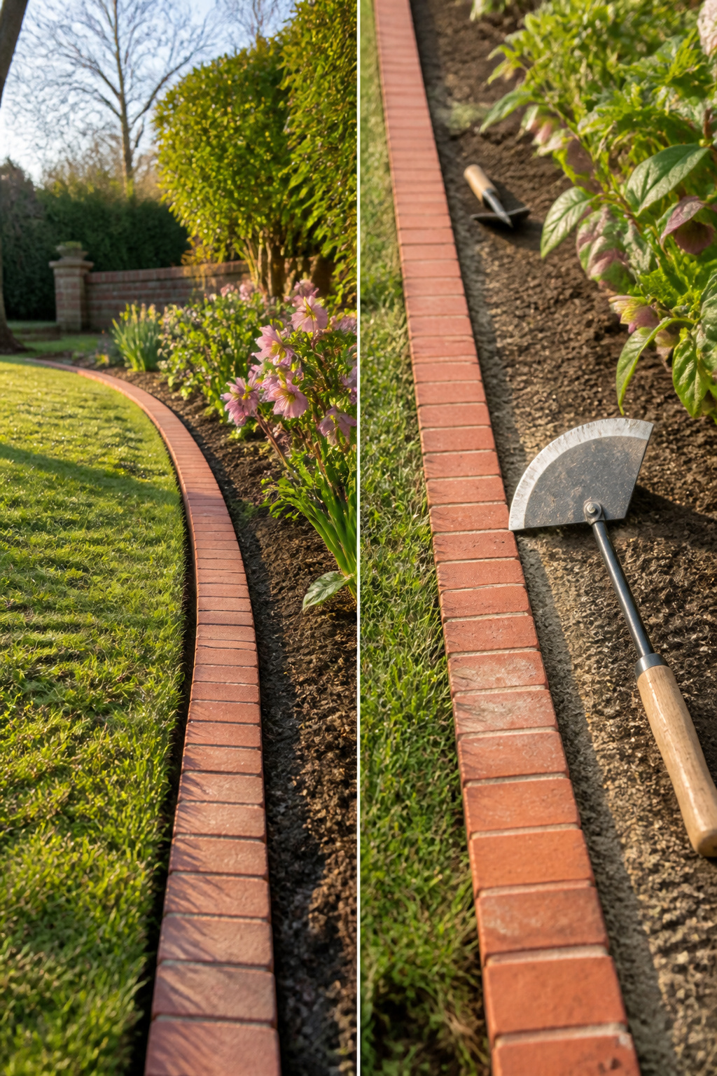 A gardener checking and maintaining brick garden edging.
