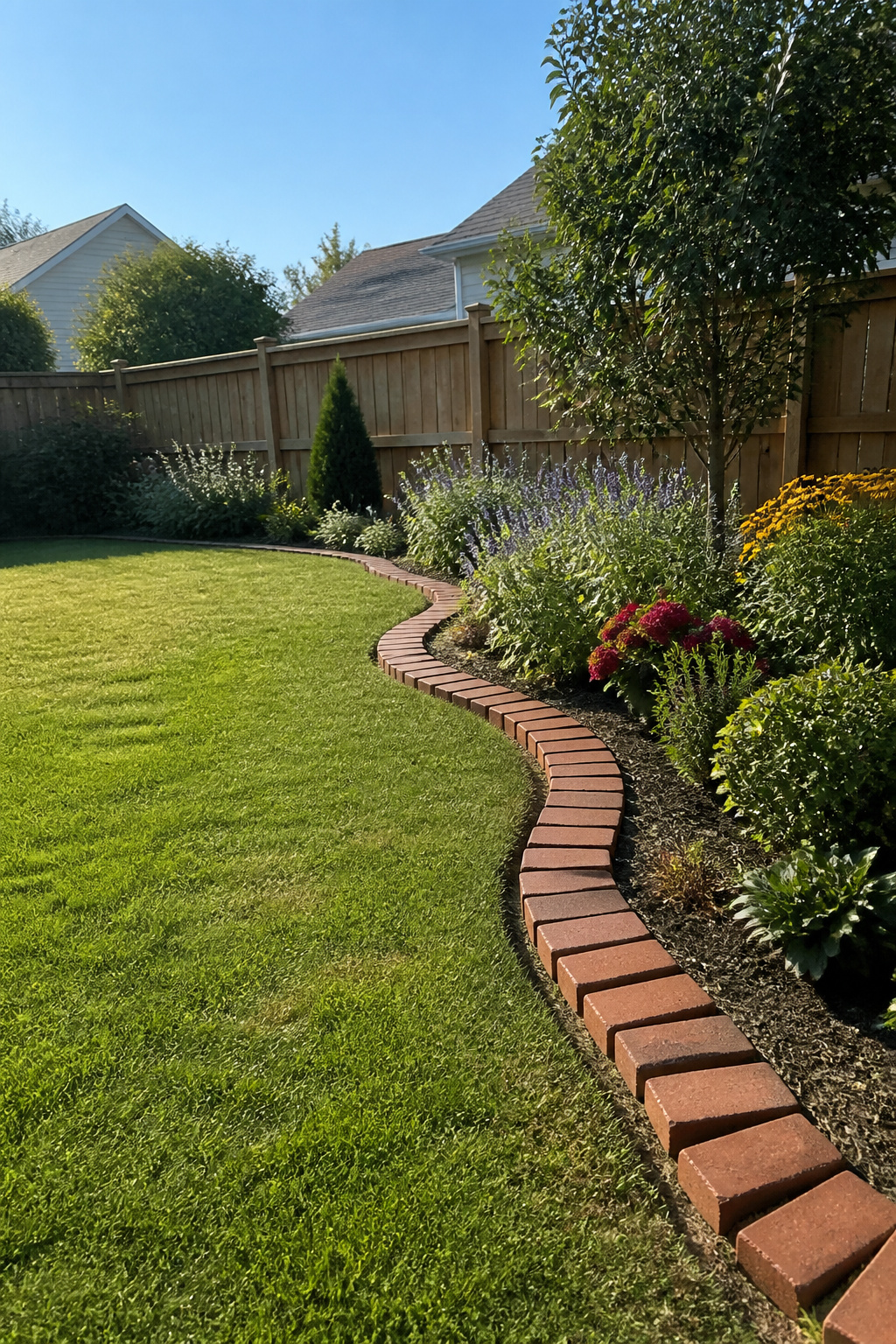 Bricks arranged along a lawn edge for planning garden edging.