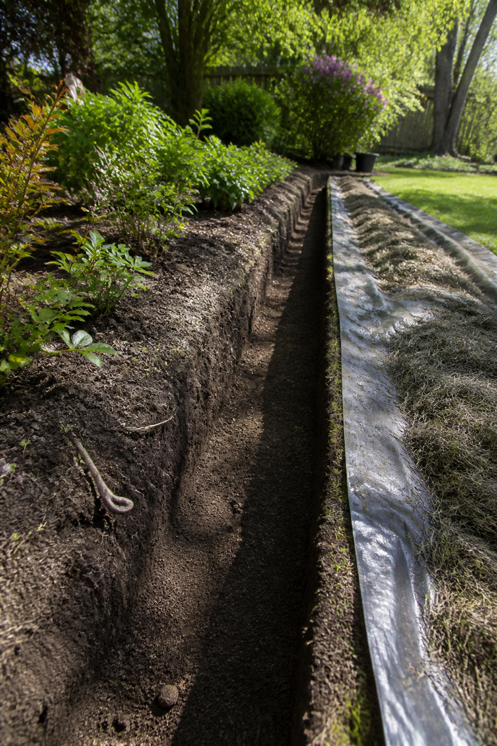 A trench alongside a garden bed with dark subsoil visible.