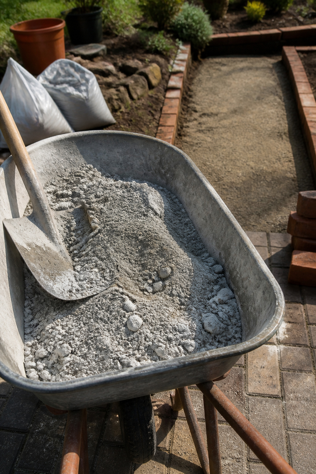 A wheelbarrow filled with a mixture of stone dust and cement.