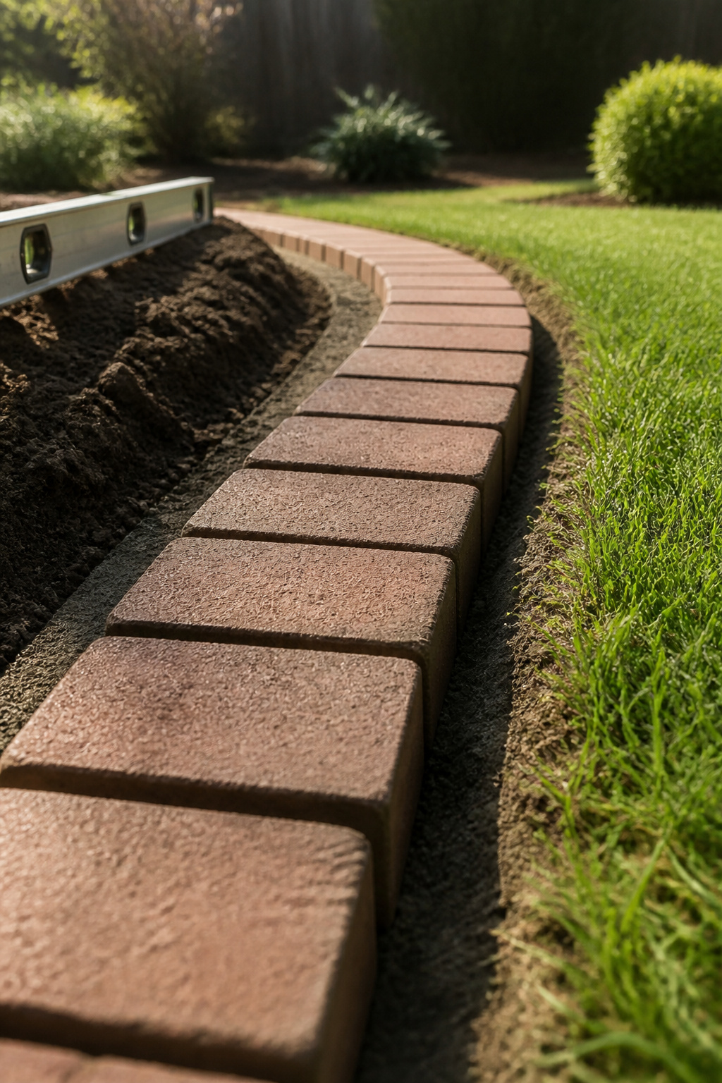 Bricks being pressed into place in a trench for garden edging.