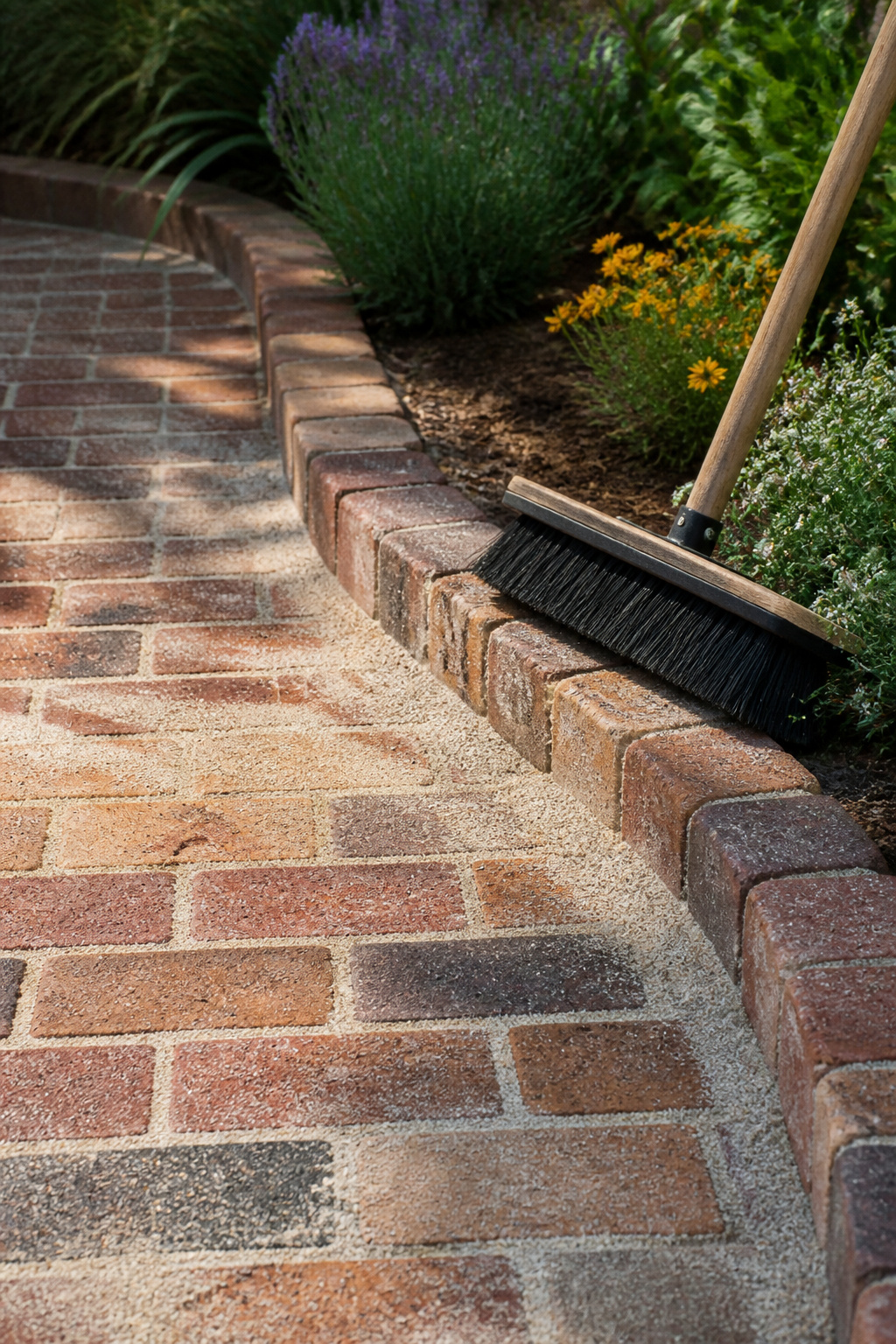 A fresh layer of polymeric sand applied over seated bricks.