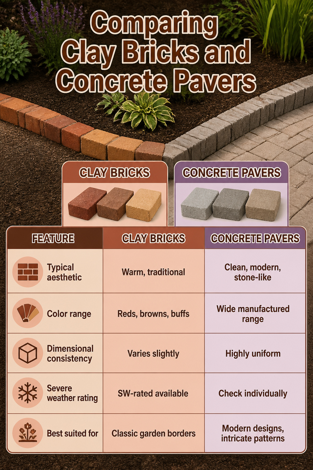 A comparison chart of clay bricks and concrete pavers.