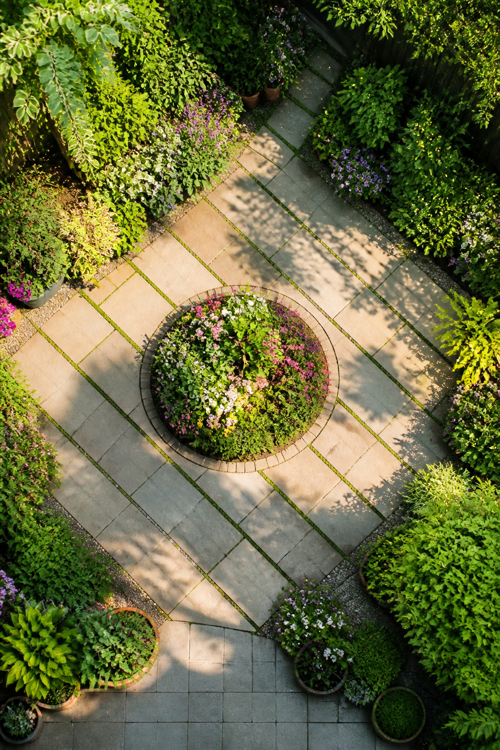 A small garden layout with diagonal paving lines.