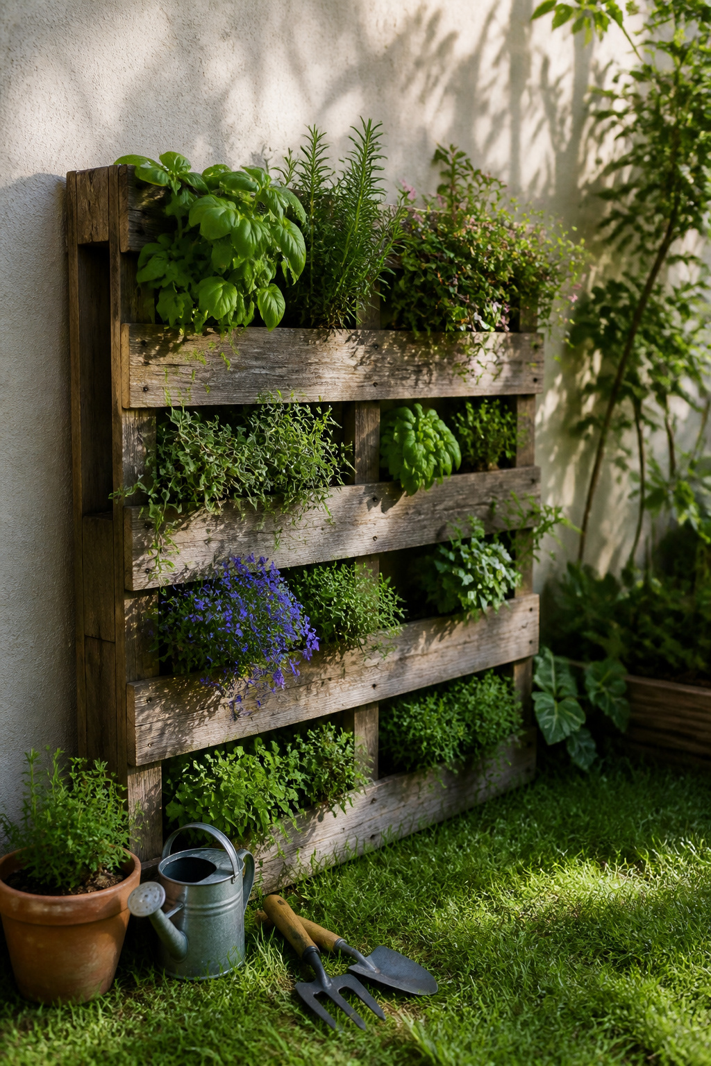 A vertical planter made from a wooden pallet with plants.