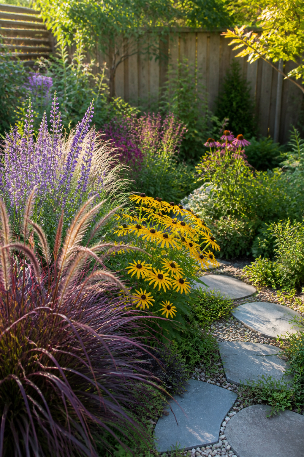 A garden border with flowering plants for pollinators.