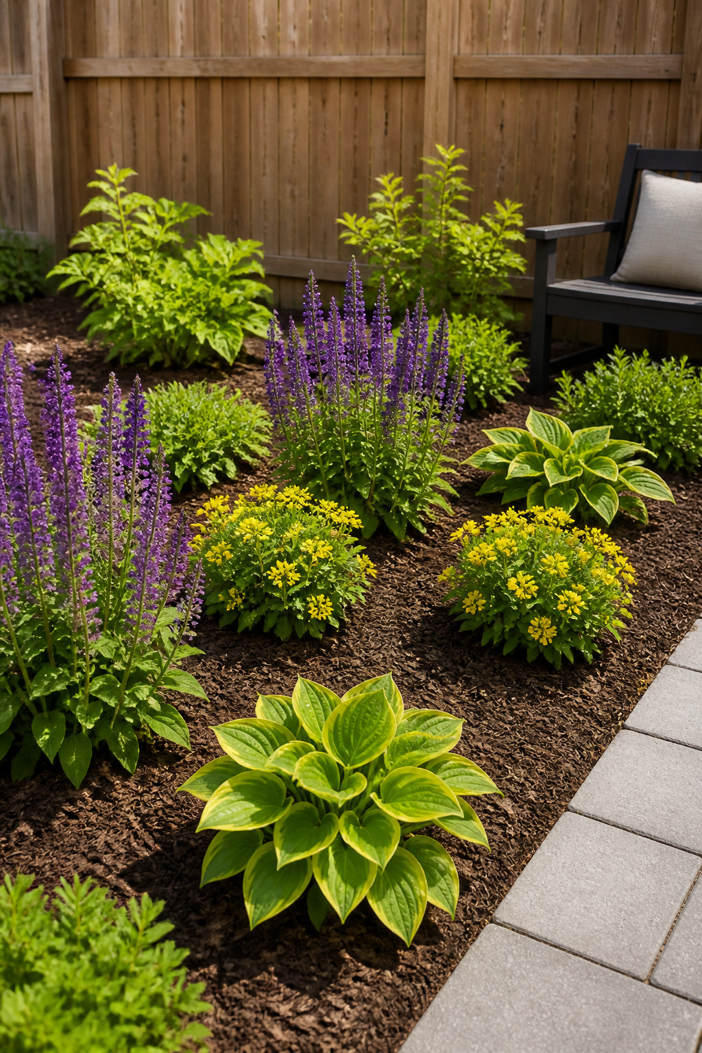 A garden bed with a few varieties of plants.
