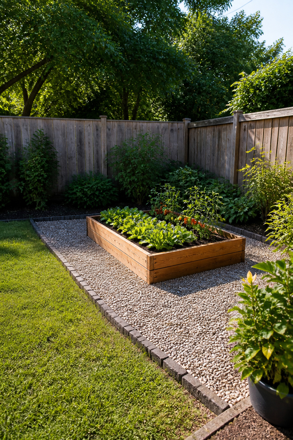 A raised bed garden filled with various plants.