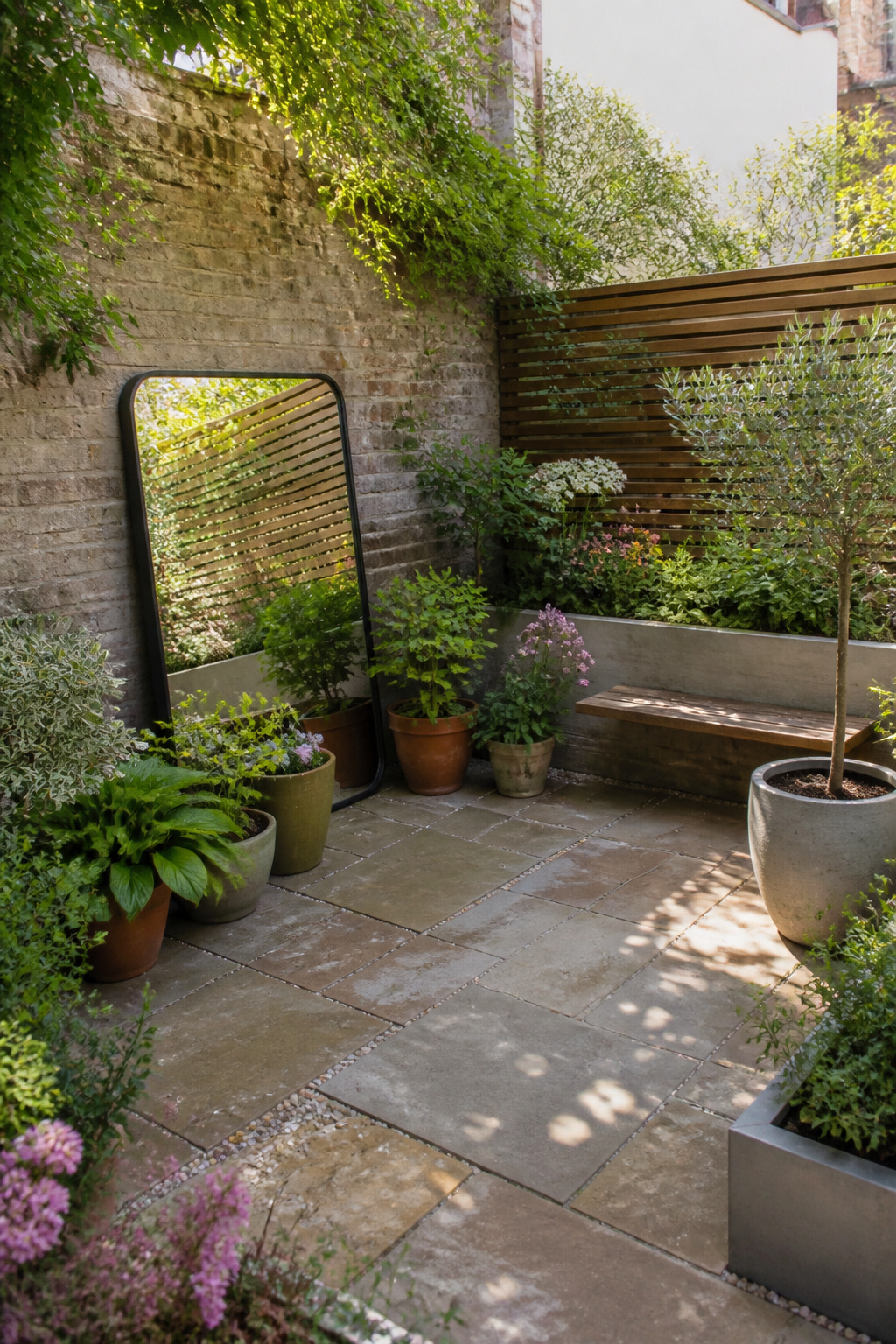 A mirror hung on a fence in a garden.