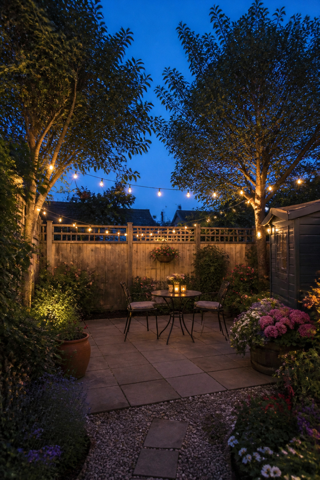 Solar string lights hung in a garden.