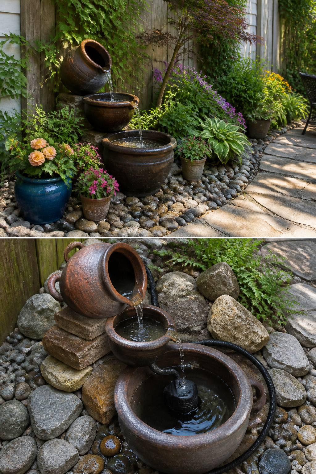 A small fountain created from ceramic pots.