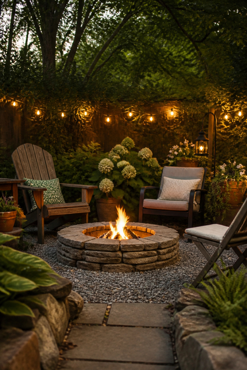 A fire pit made from cinder blocks in a garden.