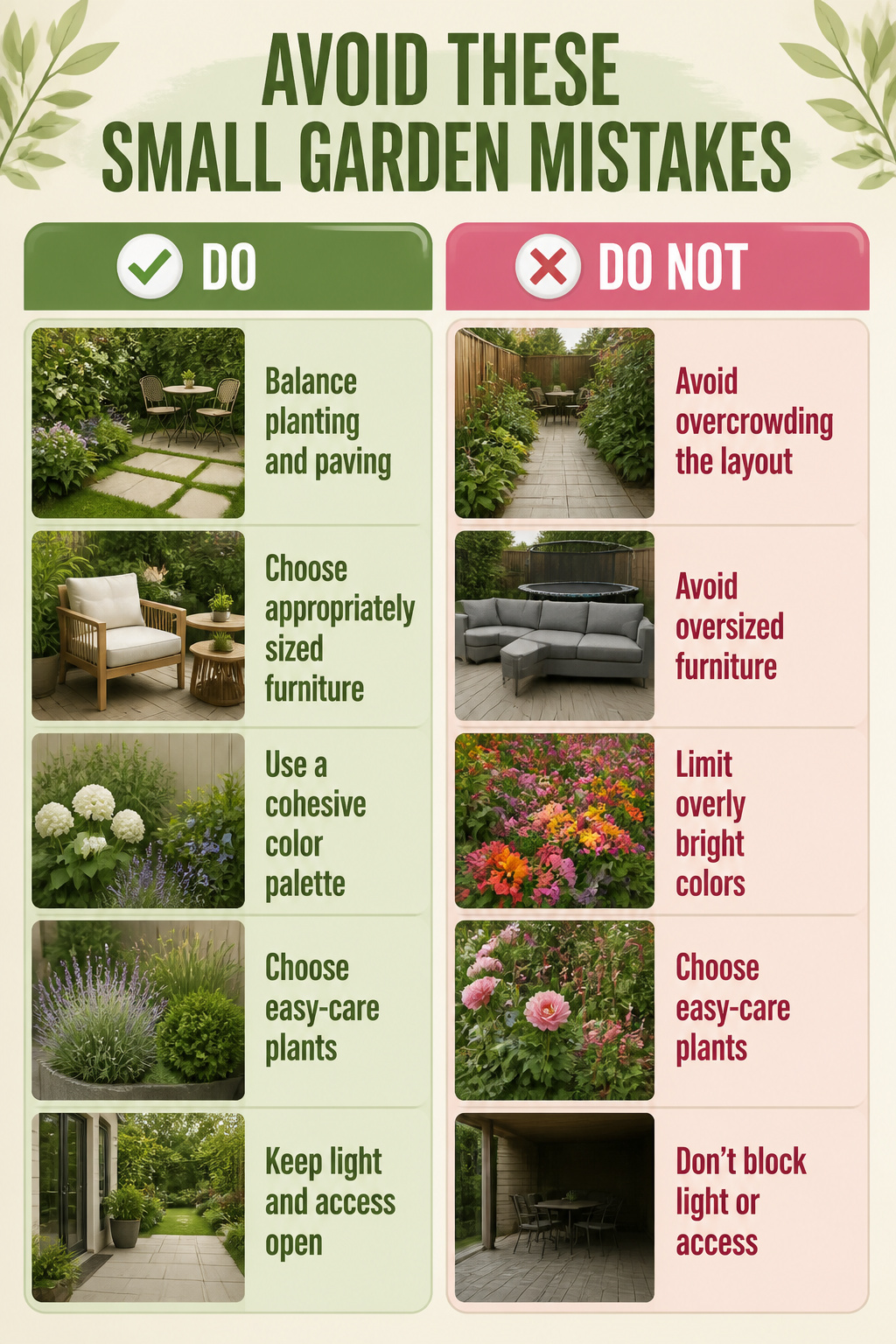 A list of mistakes to avoid in small gardens.