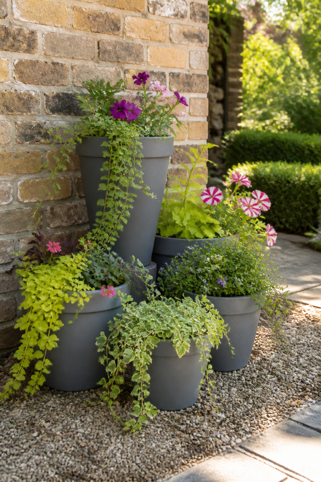 A collection of painted terra-cotta pots with plants.