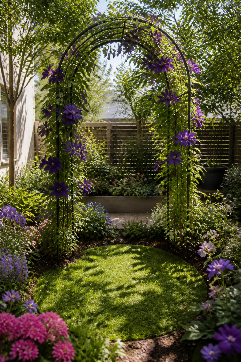 A metal arched trellis with climbing plants.